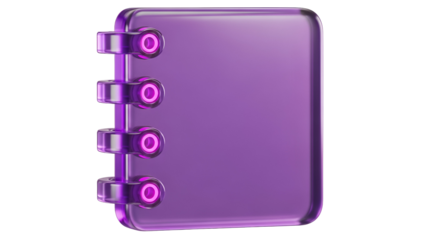 A 3d render of a sleek purple translucent notebook icon with glowing spiral binding details