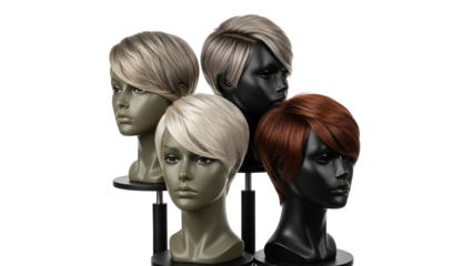 Four short pixie-style wigs in varying colors displayed on mannequin heads.