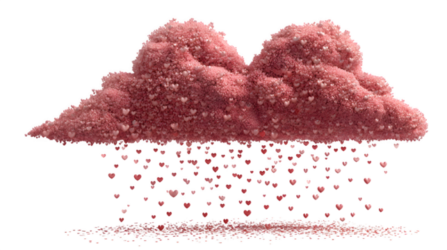 A graphic of a heart-shaped cloud raining down tiny hearts, isolated on a Transparent background - Powered by Adobe
