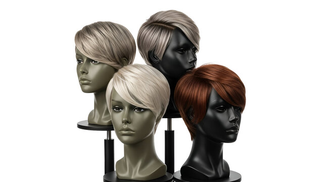 Four short pixie-style wigs in varying colors displayed on mannequin heads.