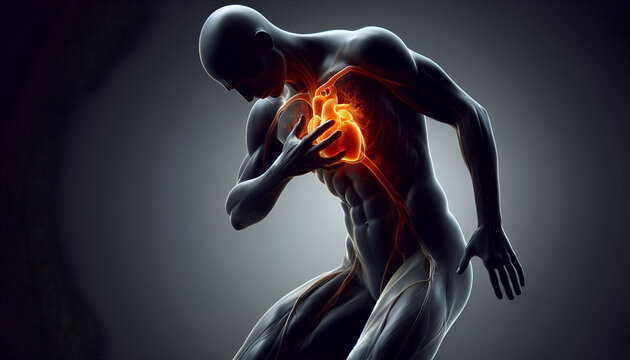 X-ray 3D illustration of man with chest pain - heart attack
