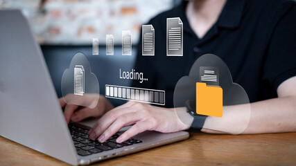 User using cloud service for upload transfer file data online digital information network server storage computer laptop, cloud data futuristic cyberspace technology concept