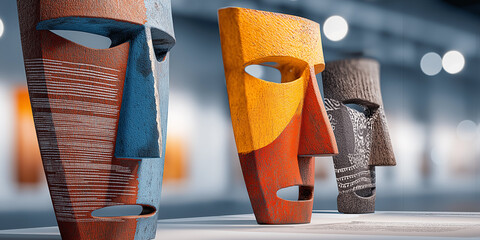Abstract Tribal Wooden Masks Display