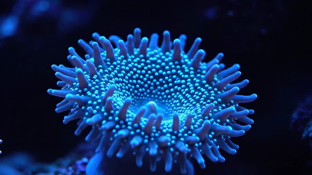 Vibrant Blue Coral Polyps Underwater - The video showcases a close-up view of a coral polyp illuminated in vibrant blue light.