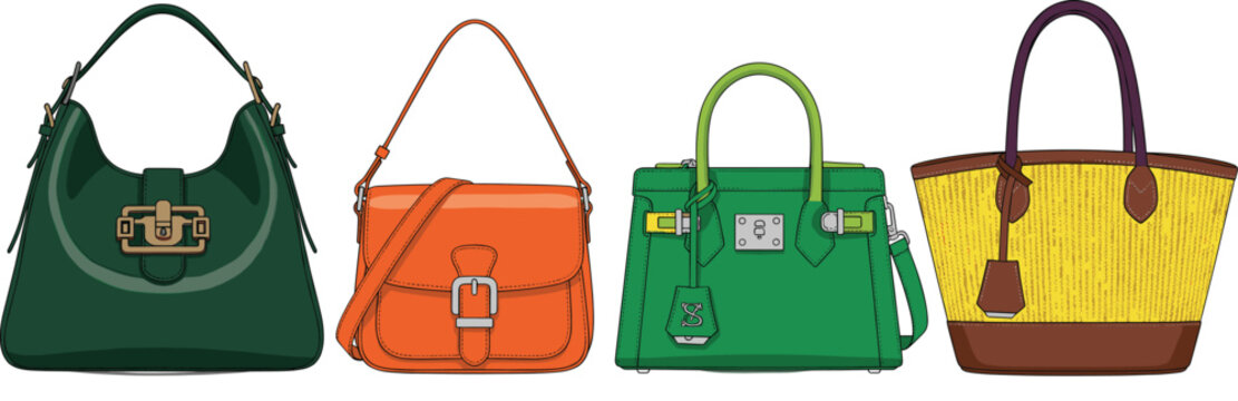 Stylish women handbag collection with modern leather tote shoulder and crossbody bags flat vector illustration