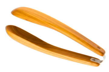 Handcrafted wooden kitchen serving tongs with natural grain finish isolated on a transparent background