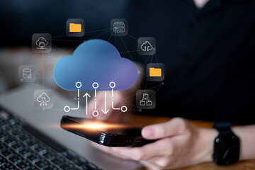 Businessman using cloud data backup storage server transfer document and file online download upload, futuristic information network technology concept
