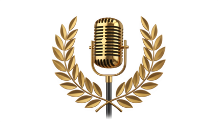Luxury golden vintage microphone with laurel wreath for music awards and broadcast recognition isolated PNG with Transparent Background
