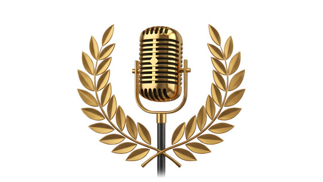 Luxury golden vintage microphone with laurel wreath for music awards and broadcast recognition isolated PNG with Transparent Background