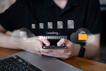 Businessman using cloud online database server upload transfer backup storage global digital data service, futuristic information technology concept