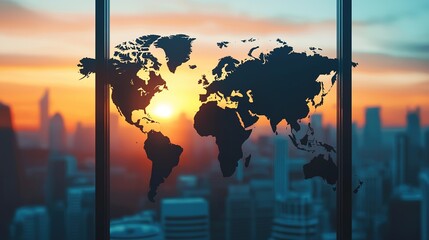 Global business perspectives sunset view over cityscape modern skyline digital world map urban environment