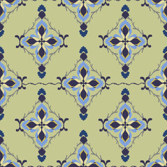 Blue and yellow ikat seamless pattern with decorative elements. Can be used for wallpaper, pattern fills, web page backgrounds, textiles, tapestry, and surface textures.