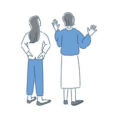 笑顔で上を見上げている2人の女性の全身のイラスト素材