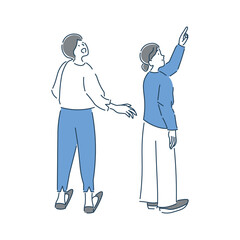 笑顔で上を見上げている2人の女性の全身のイラスト素材