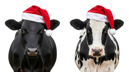 Two festive cows wearing Santa hats on a transparent background, PNG image, PNG file