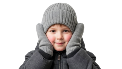 Smiling child wearing warm grey hat and gloves on a transparent background, PNG image, PNG file