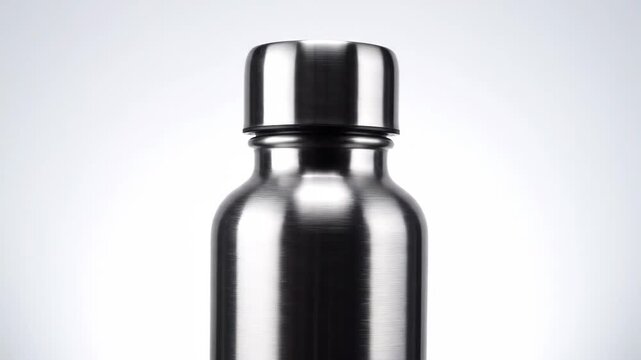 Sleek Stainless Steel Water Bottle - This video features a close-up view of a sleek stainless steel water bottle with a shiny finish and a rounded cap.