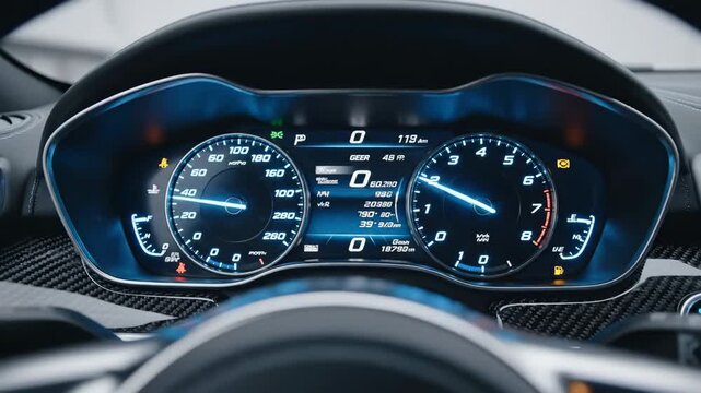 Modern Car Dashboard Display - The video shows a close-up view of a modern car's digital dashboard. The display features speedometer, tachometer, and other vehicle information with illuminated blue