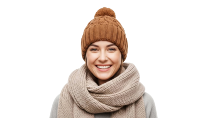 Young woman smiling in brown knitted beanie and beige scarf on a transparent background PNG image