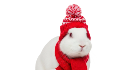  Cute white rabbit wearing red winter hat and scarf on a transparent background PNG image PNG file