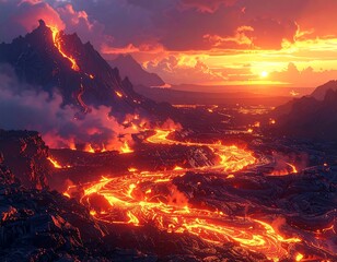 Volcanic landscape with rivers of flowing lava at sunset
