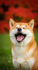 Joyful Shiba Inu dog laughing outdoors in sunlight