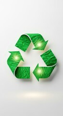 Green crumpled paper recycling symbol glowing