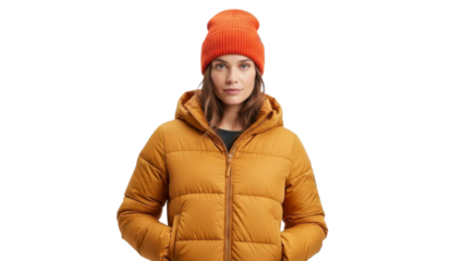 Young woman wearing orange knit beanie and mustard puffer jacket with hood, hands in pockets, on a transparent background, PNG image, PNG file