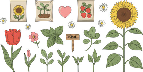 Cute gardening and plant growth vector set with flowers, seedlings, sunflower, strawberry and eco friendly nature elements illustration