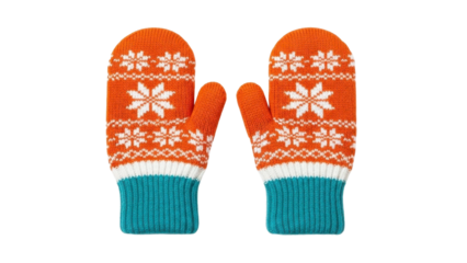 Orange teal knitted winter mittens with snowflake motifs, transparent PNG file