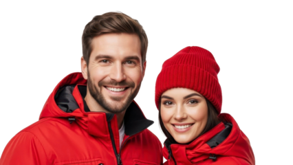 Happy Couple Smiling in Red Winter Jackets and Beanie on a transparent background PNG image