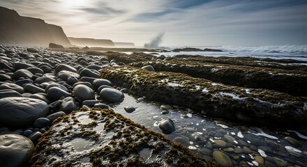 Rocky Beach Landscape Under a Dramatic Sky with Waves Crashing