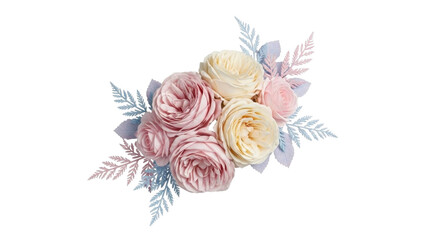 Soft winter bouquet of pink and cream roses with frosty leaves on a transparent background, PNG image, PNG file