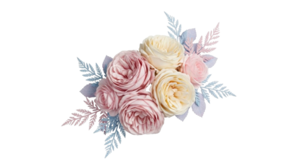 Soft winter bouquet of pink and cream roses with frosty leaves on a transparent background, PNG image, PNG file