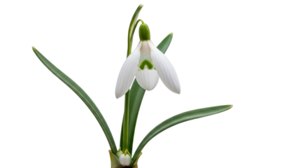 White snowdrop flower with green leaves and stem, PNG file on a transparent background, winter blooming plant, isolated floral bloom, first sign of spring