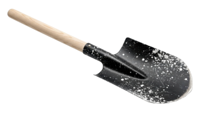Winter shovel tool with frosted blade and wooden grip for clearing snow, PNG file on a transparent background