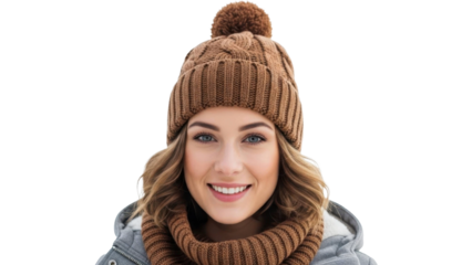 Young woman smiling in winter knit beanie hat and cowl scarf on a transparent background PNG image