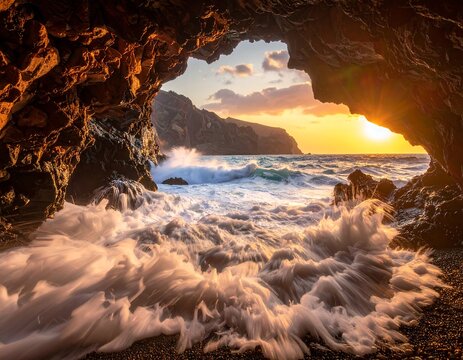 Sunlit waves crash on a beach viewed from within a dark cave - Powered by Adobe