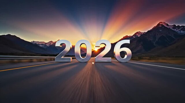 Scenic 2026 New Year Concept - A vibrant sunset scene features large metallic numbers "2026" on an empty road, surrounded by majestic mountains.