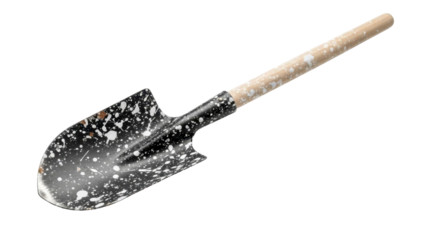 Small garden spade with snowy splatter effect on dark metal blade and wooden handle, on a transparent background, PNG image, PNG file