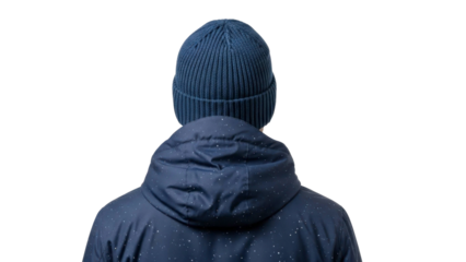 Adult person wearing blue knitted beanie hat and protective winter jacket viewed from behind on a transparent background PNG file