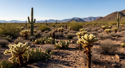 Majestic saguaro and cholla cacti dot a sprawling Sonoran desert landscape under a clear sky, showcasing the rugged beauty of this arid wilderness