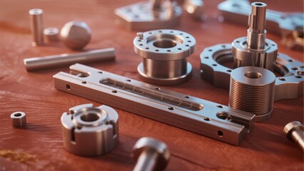 Various precision metal mechanical components arranged on a wooden surface