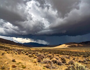 Vast arid landscape under dramatic stormy sky with distant mountains