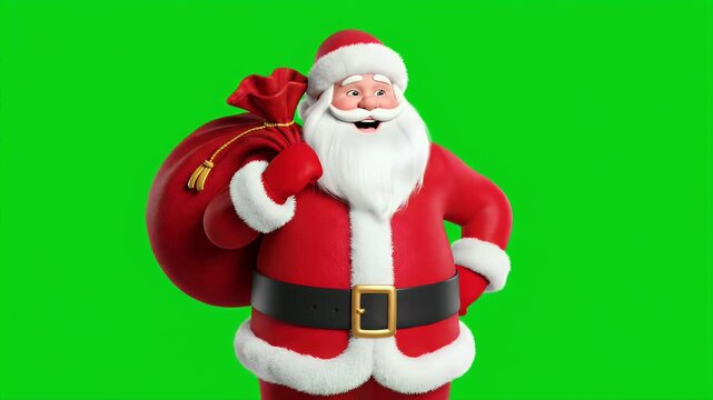 Animated Santa Claus Carrying Red Sack On Green Screen Background.