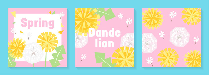 ピンク背景の切り絵風タンポポのイラストバナーセット
