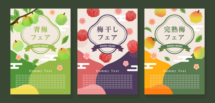 青梅、梅干し、完熟梅のポスターテンプレートセット