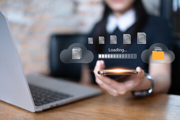 User using cloud service for upload transfer file data online digital information network server storage computer laptop, cloud data futuristic cyberspace technology concept