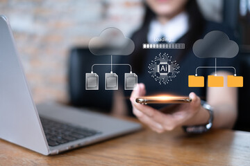 Naklejka premium Person using cloud data online server database with artificial intelligence ai technology laptop computer smartphone for transfer files and documents, cyberspace global innovation futuristic concept