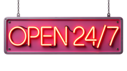 Vibrant pink sign illuminates 'open 247' in a luminous neon glow, hanging from chains to indicates round the clock availability